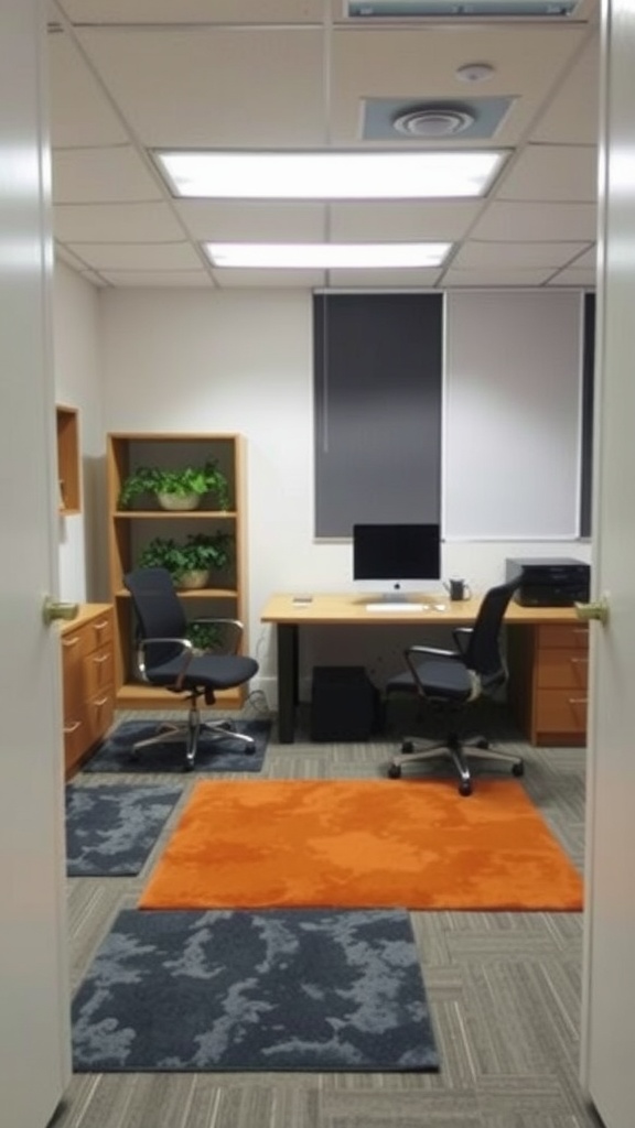 Small office with orange and dark rugs defining workspace areas, featuring a desk and two chairs.