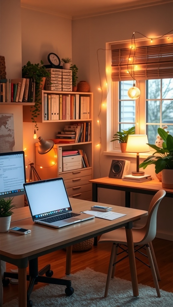 A cozy home office featuring soft lighting, plants, and wooden furniture.