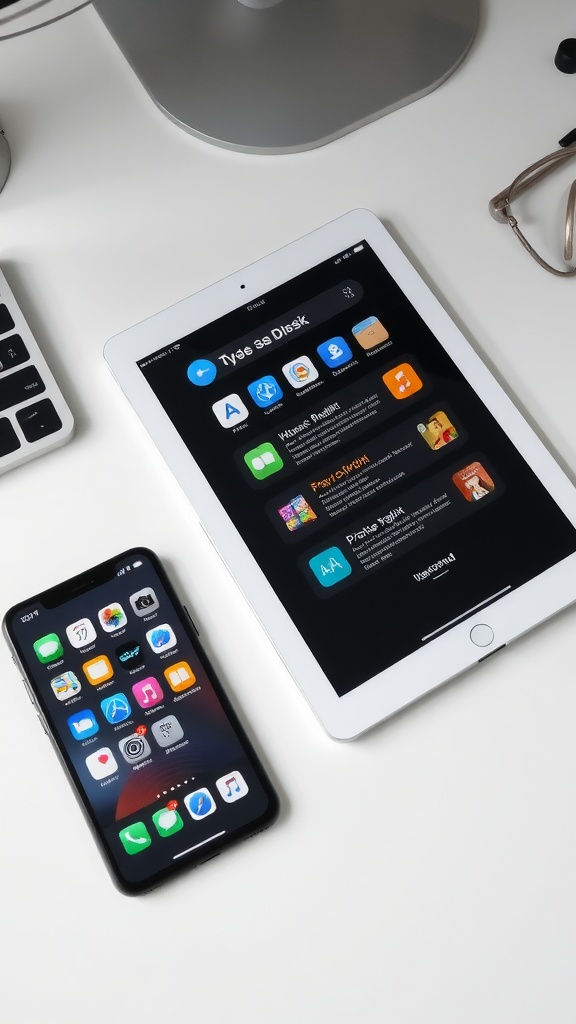 A smartphone and a tablet placed on a desk, showcasing a tech-savvy home office setup.