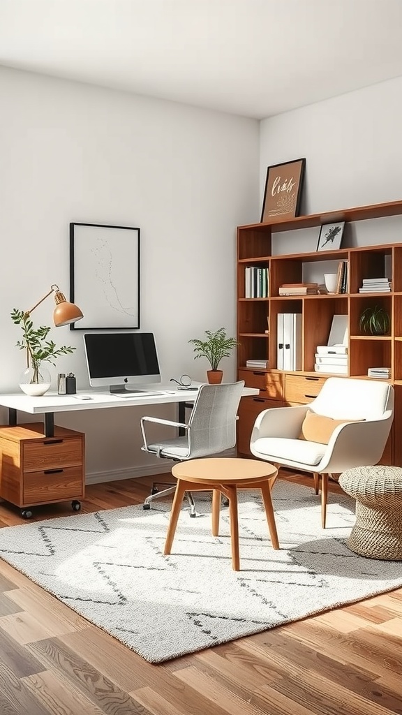 A bright and inviting minimalist home office featuring a wooden desk, a comfortable chair, plants, and a textured rug.