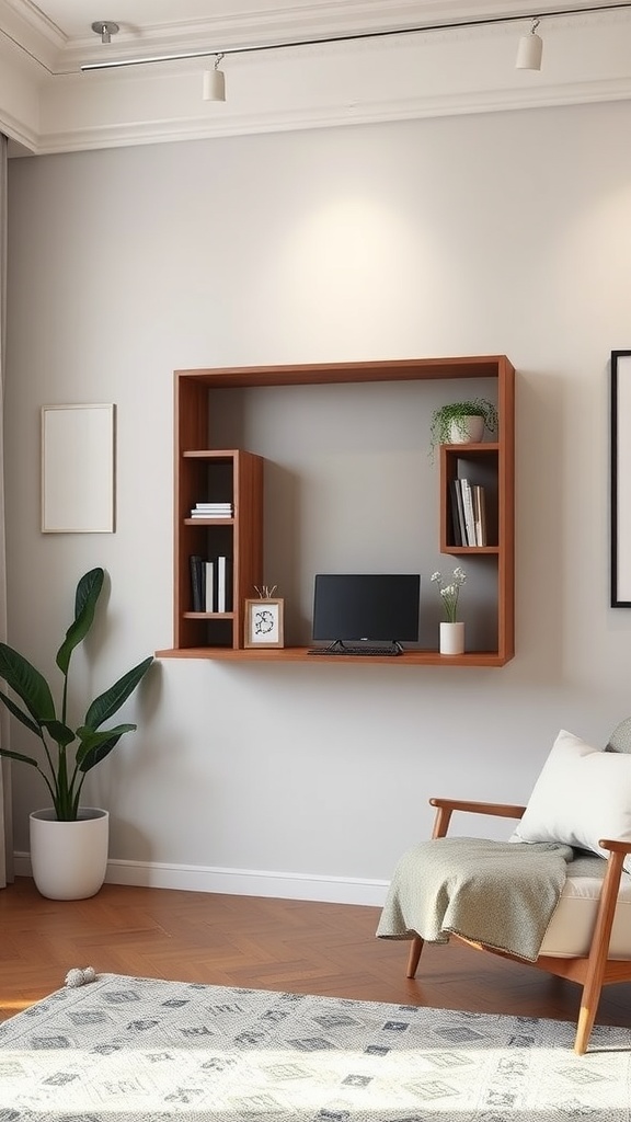 A stylish wall-mounted desk in a modern living room with plants and shelving.