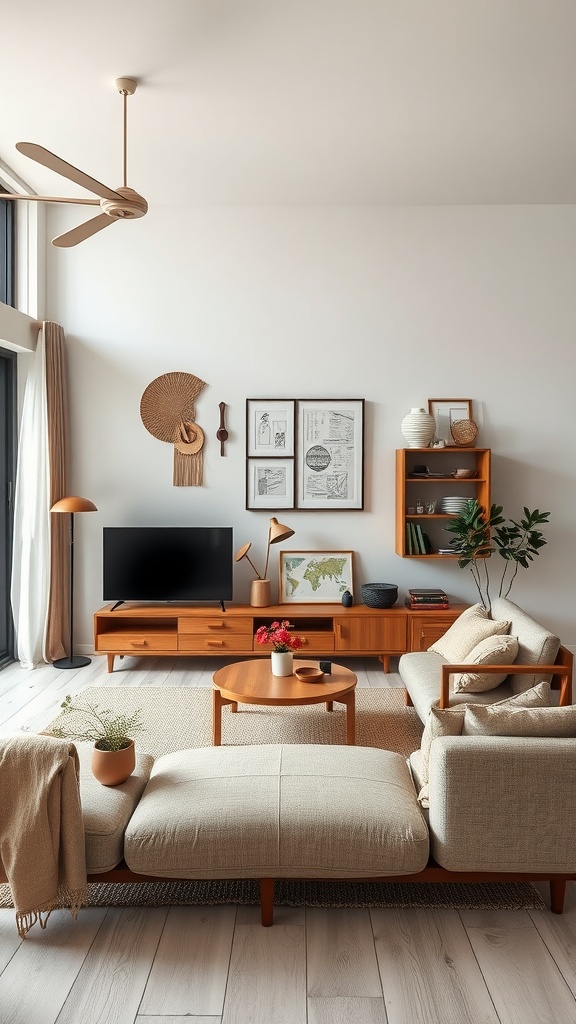 A contemporary living room featuring a statement wall with art, warm wooden furniture, and a cozy layout.