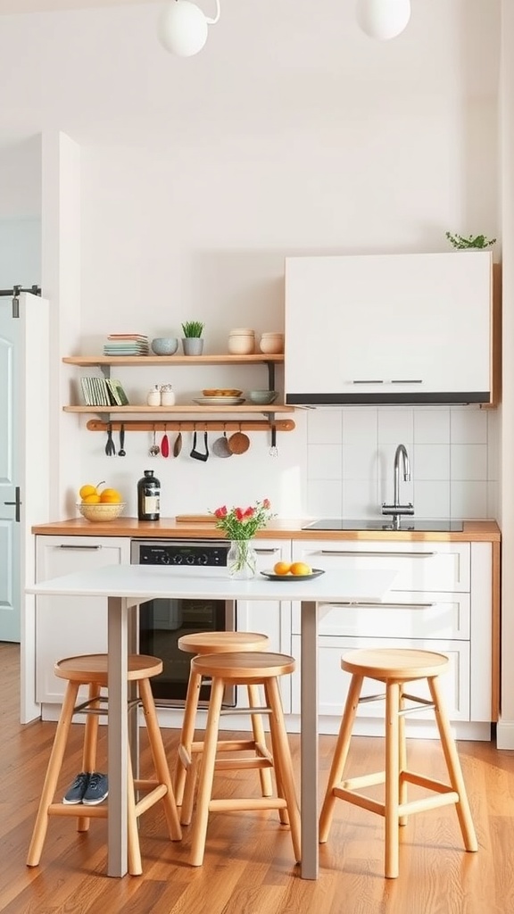 A small kitchen with multifunctional furniture including a table and stools.