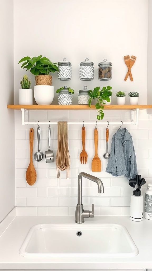 A small kitchen with a shelf above the sink featuring plants, jars, and hanging utensils.