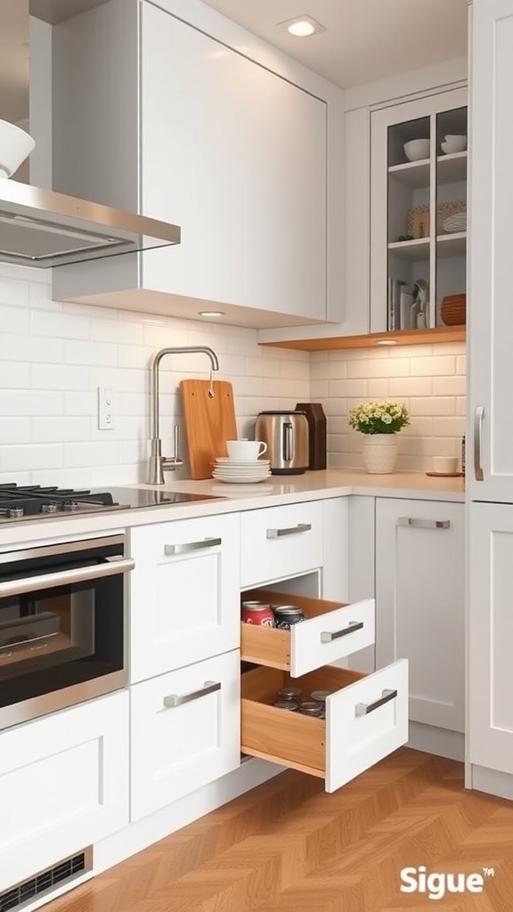 A modern kitchen showcasing a toe kick area with pull-out drawers for storage.