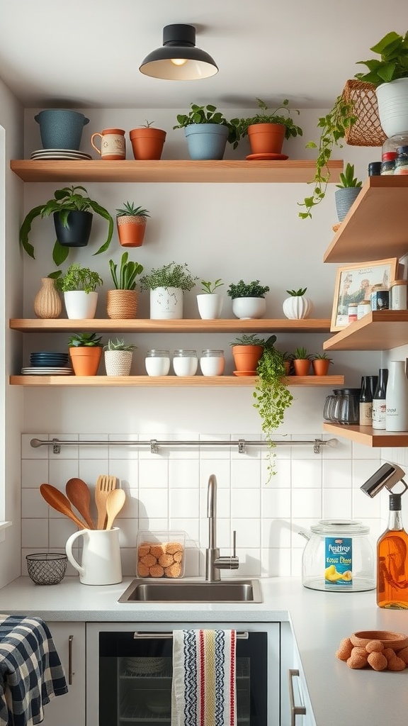 A small kitchen featuring open shelves with plants and kitchen items, showcasing vertical storage solutions.