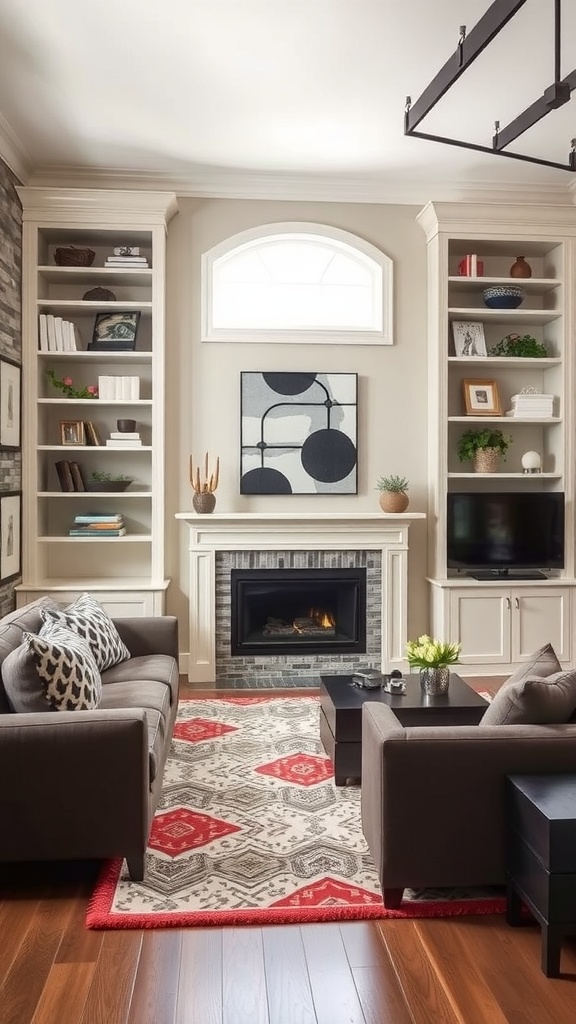 Built-in wooden shelves with a fireplace and framed artwork in a living room