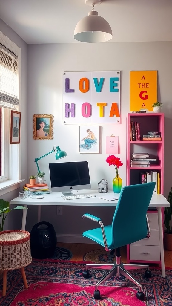 A colorful home office featuring a turquoise chair, pink bookshelf, and vibrant wall art.