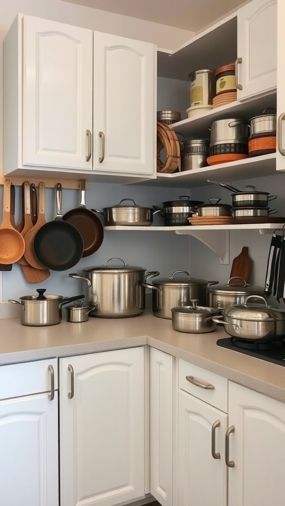 A well-organized corner kitchen cabinet with pots, pans, and shelves.