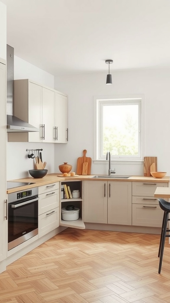 A beautifully designed U-shaped kitchen with effective corner storage and wooden elements.