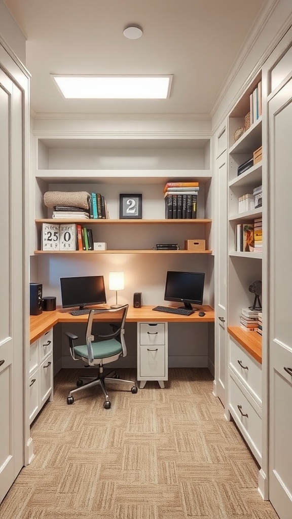 Cozy small office with custom built-ins, featuring a desk and shelves.