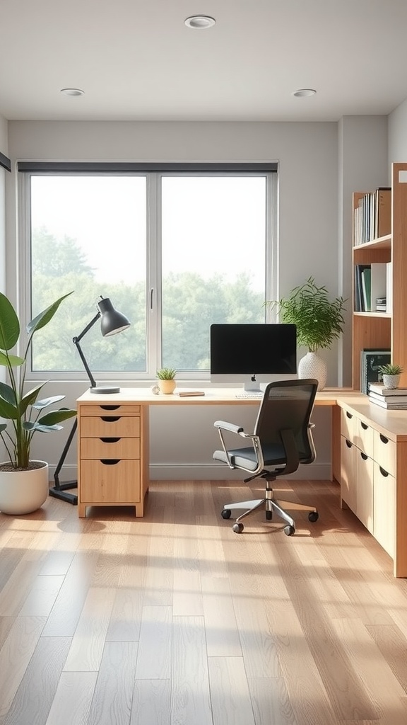 A bright and cozy home office with a wooden desk, ergonomic chair, and plants, showcasing flexible furniture.