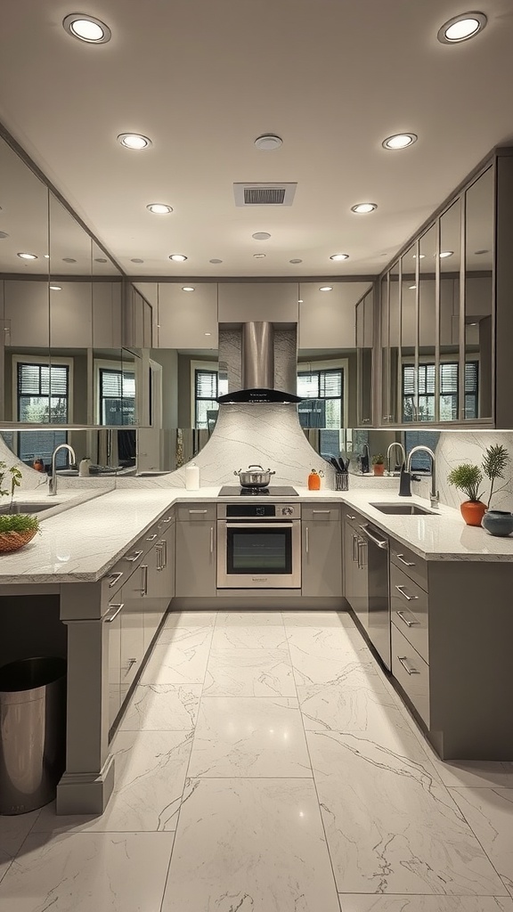 U-shaped kitchen with mirrors creating depth and a modern aesthetic.