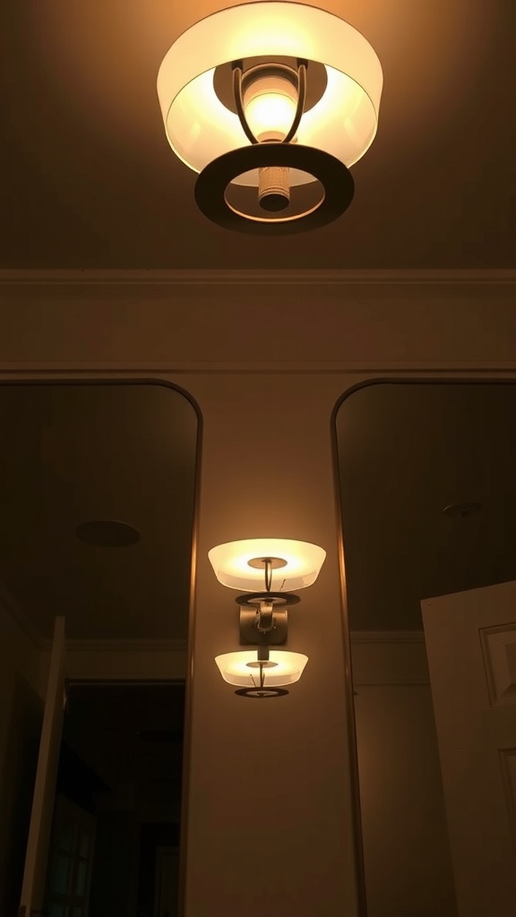 A ceiling light fixture reflecting off tall mirrors in a softly lit room.