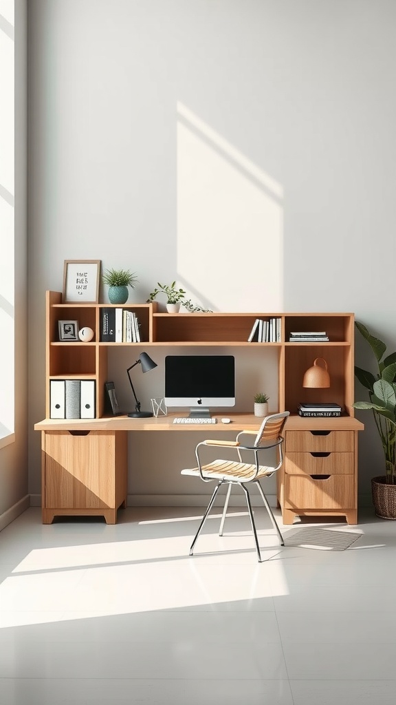 A minimalist home office setup featuring a wooden desk with shelves, a computer, and a chair.