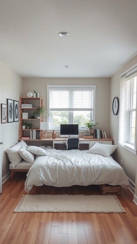 A cozy home office with a bed and a desk setup in an English countryside style.