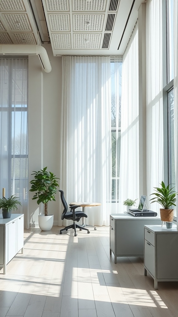 Bright and airy home office with large windows, white curtains, and plants