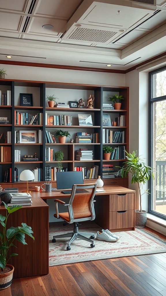 A stylish home office with open shelving showcasing books, plants, and decor, creating a cozy and organized workspace.