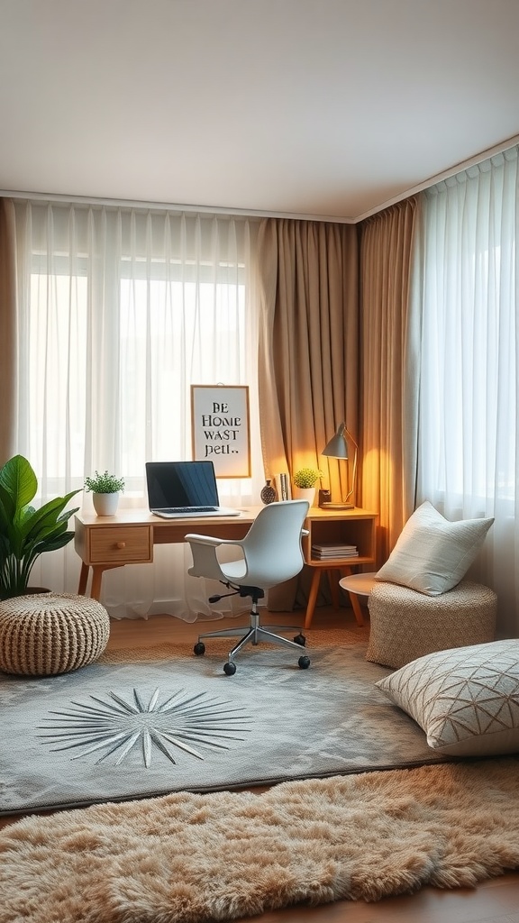 A cozy home office with soft furnishings including cushions, a rug, and curtains, designed for sound absorption.