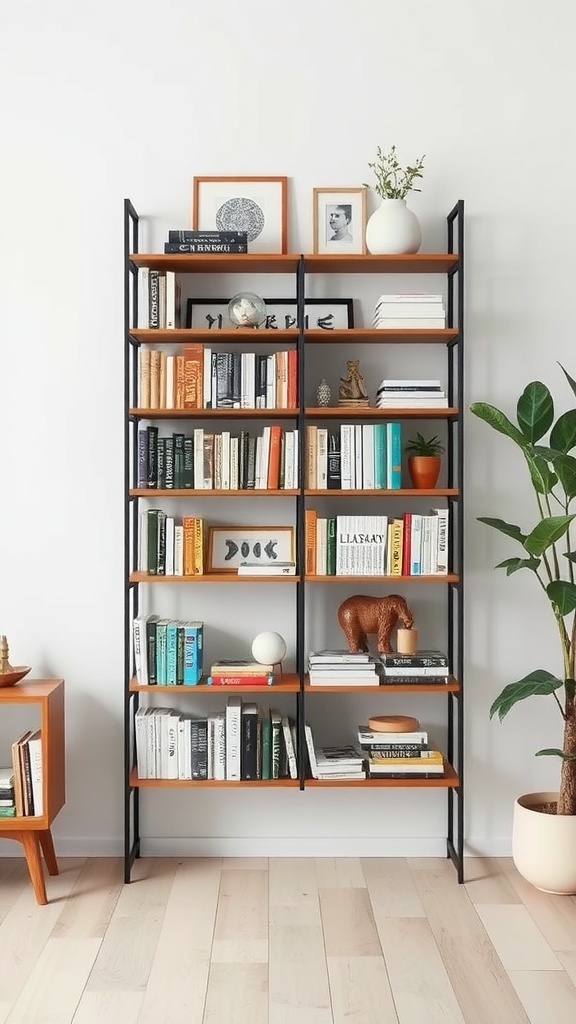 A modern bookshelf filled with books and decor items, showcasing effective use of vertical space.