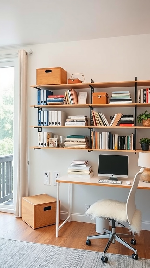 A stylish home office with vertical shelves filled with books and storage boxes, featuring a desk and computer.