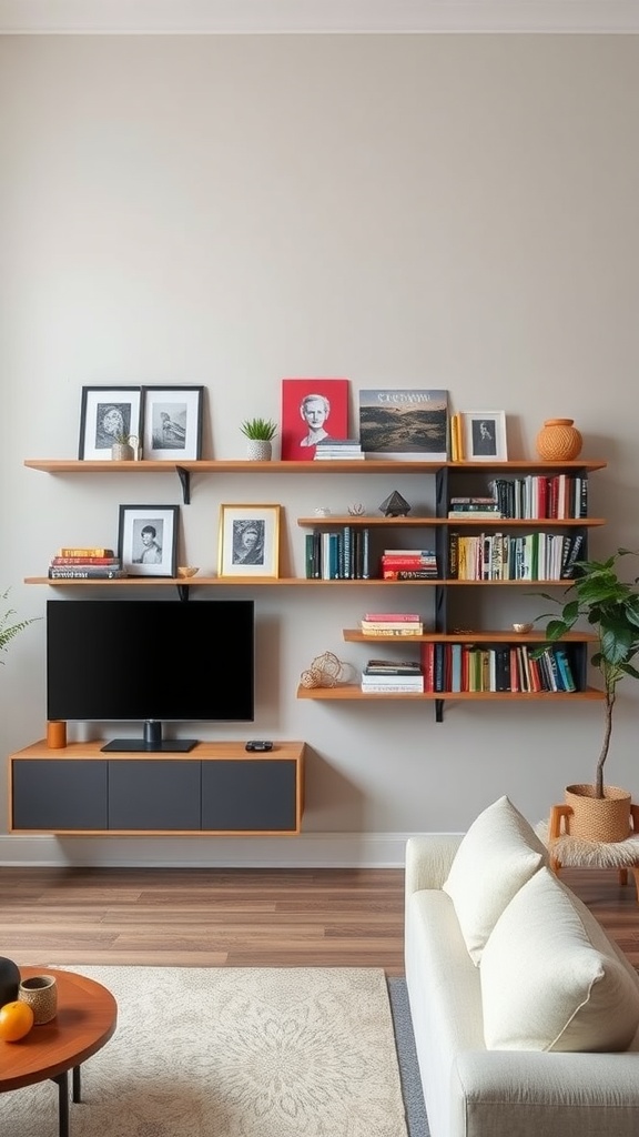 A living room featuring a modern open shelving unit filled with books, decorative items, and photos, along with a sleek TV stand.