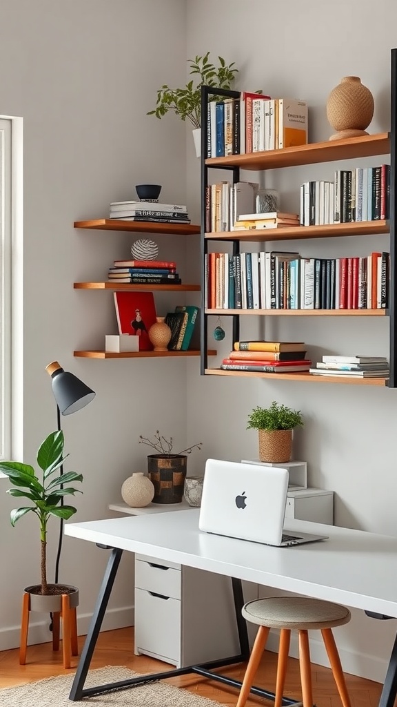 A well-organized home office with shelving, showcasing books, decorative items, and plants.