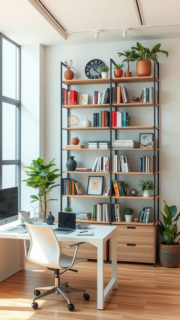 A stylish office space featuring a tall shelving unit filled with books and plants, alongside a modern desk and chair.