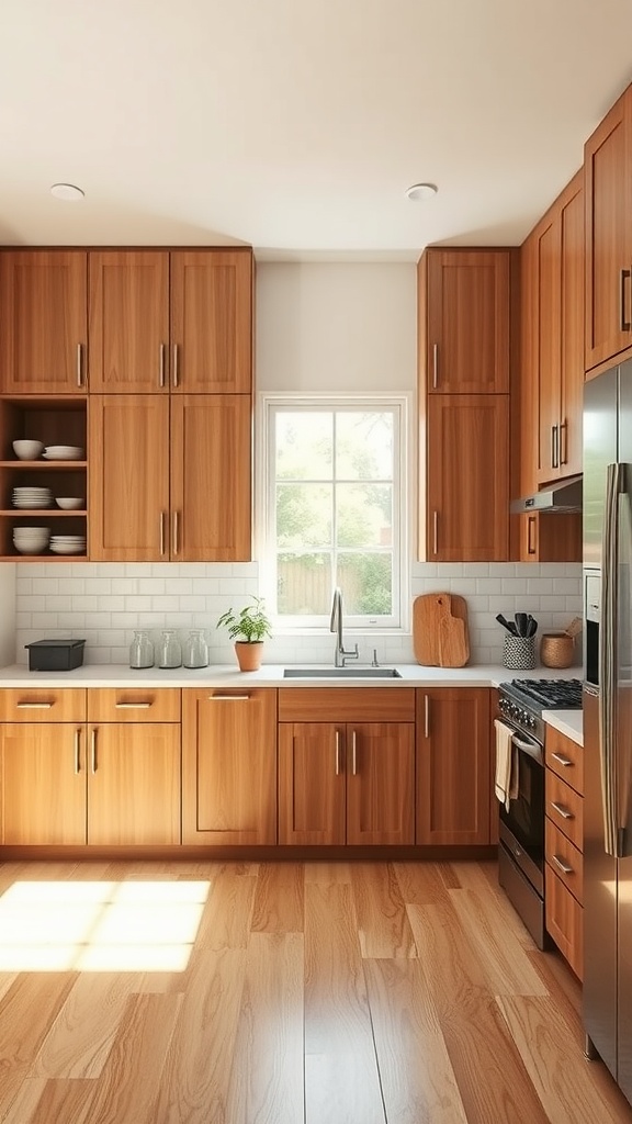 A U-shaped kitchen featuring tall wooden cabinets, a window with natural light, and a cozy atmosphere