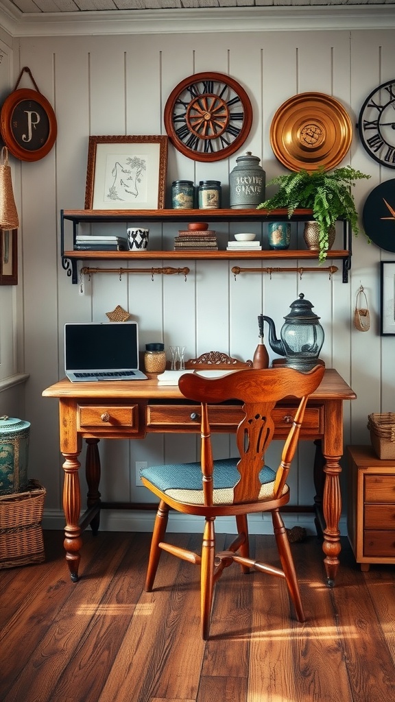 Vintage wooden desk with a chair and decorative items in a cozy home office setting