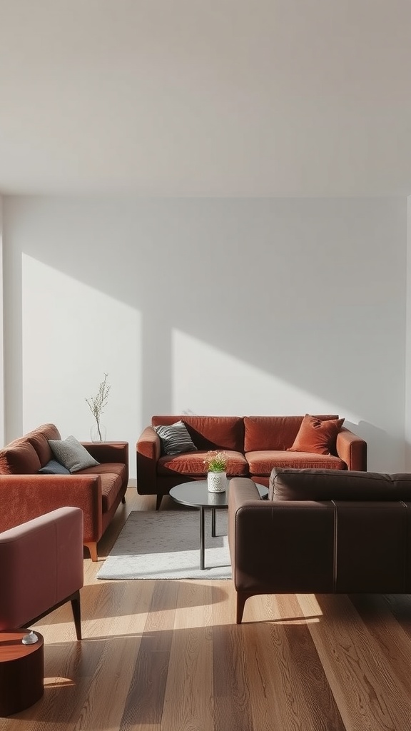 A stylish living room featuring velvet and leather furniture in warm tones.