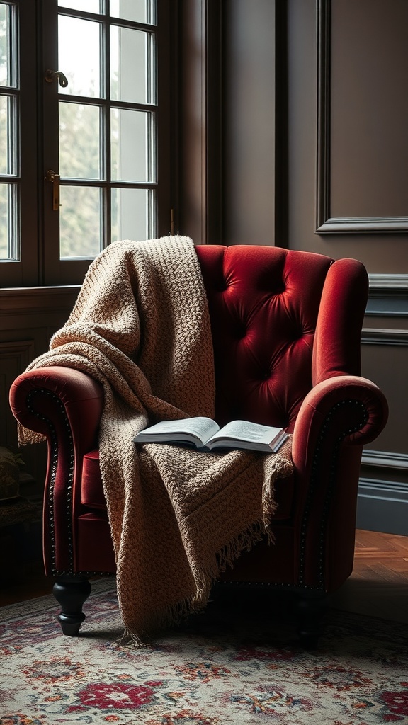 A cozy velvet armchair draped with a throw, accompanied by an open book, set against a dark wall.