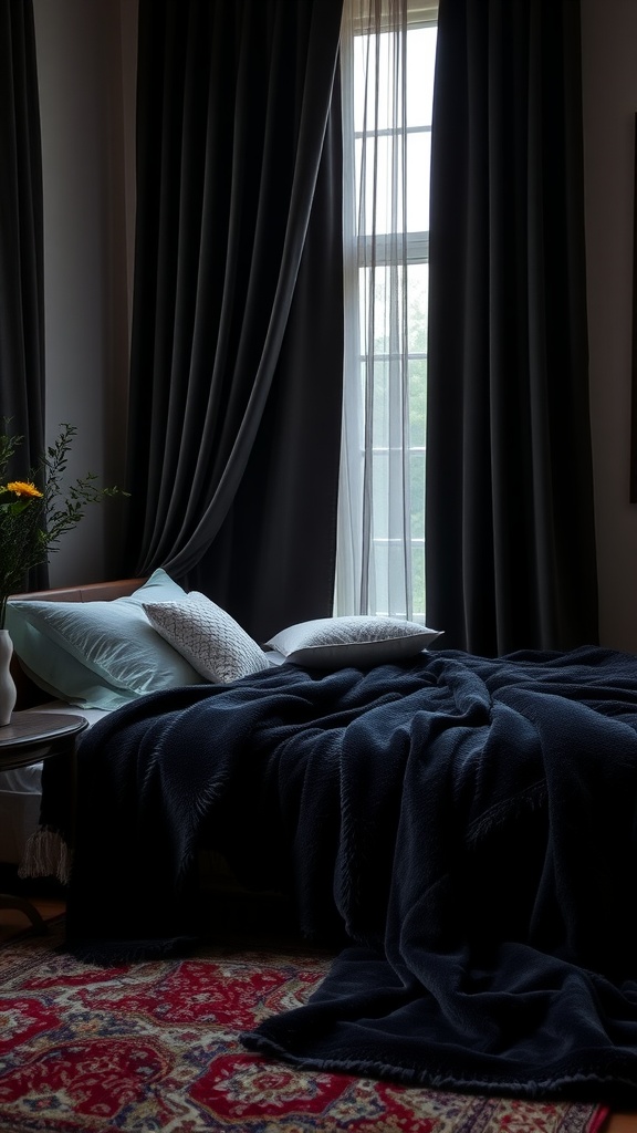 A cozy bedroom with velvet drapes, a dark blanket, and soft pillows, showcasing a warm and moody atmosphere.