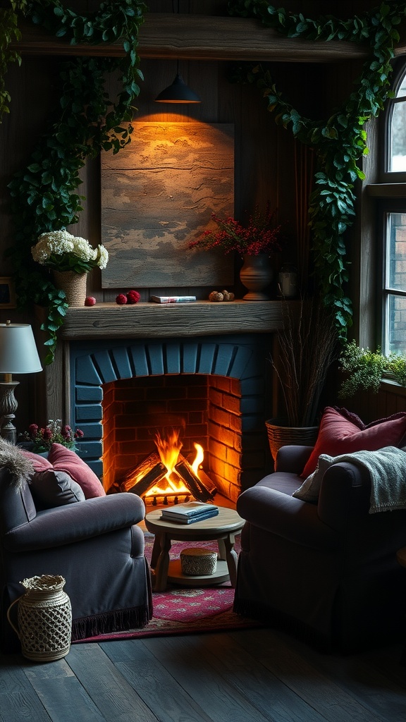 A cozy fireside interior with velvet chairs, a glowing fireplace, and greenery.