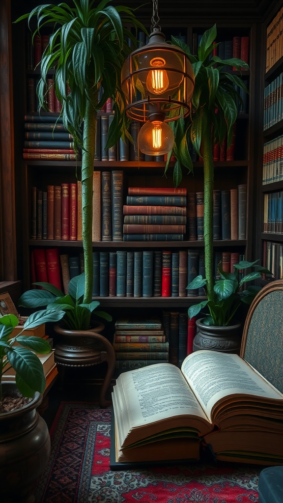 A cozy nook with bookshelves filled with vintage books, a warm pendant light, plants, and an open book on a rug.