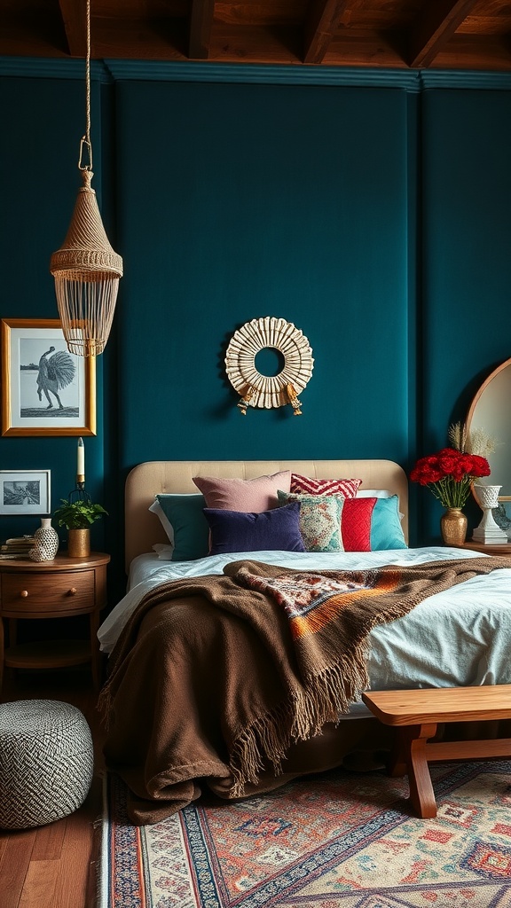 A cozy boho bedroom featuring deep purple velvet wall panels and vibrant decorative pillows.