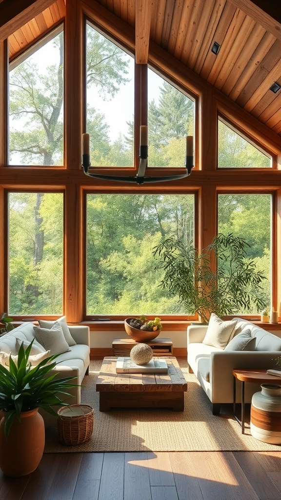 A rustic farmhouse living room with large windows showcasing a verdant view, featuring cozy sofas and a wooden coffee table.