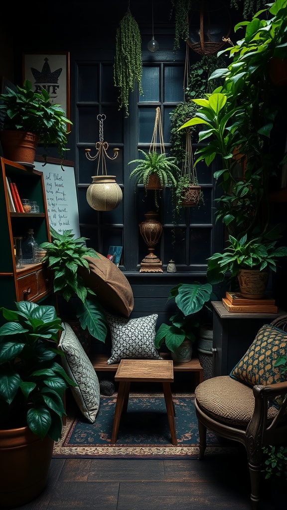 Cozy indoor space filled with various plants, dark walls, and vintage furniture, embodying a Dark Cottagecore aesthetic.