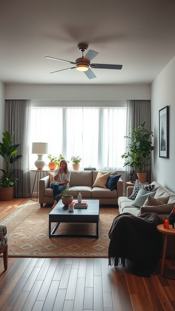 Cozy living room featuring plants, soft textures, and natural light