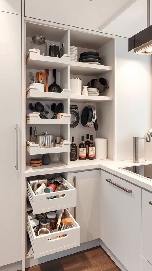 A modern small apartment kitchen featuring vertical storage drawers for utensils and kitchen gadgets.