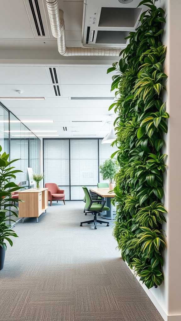 A bright office space featuring a vertical garden with lush green plants on the wall.