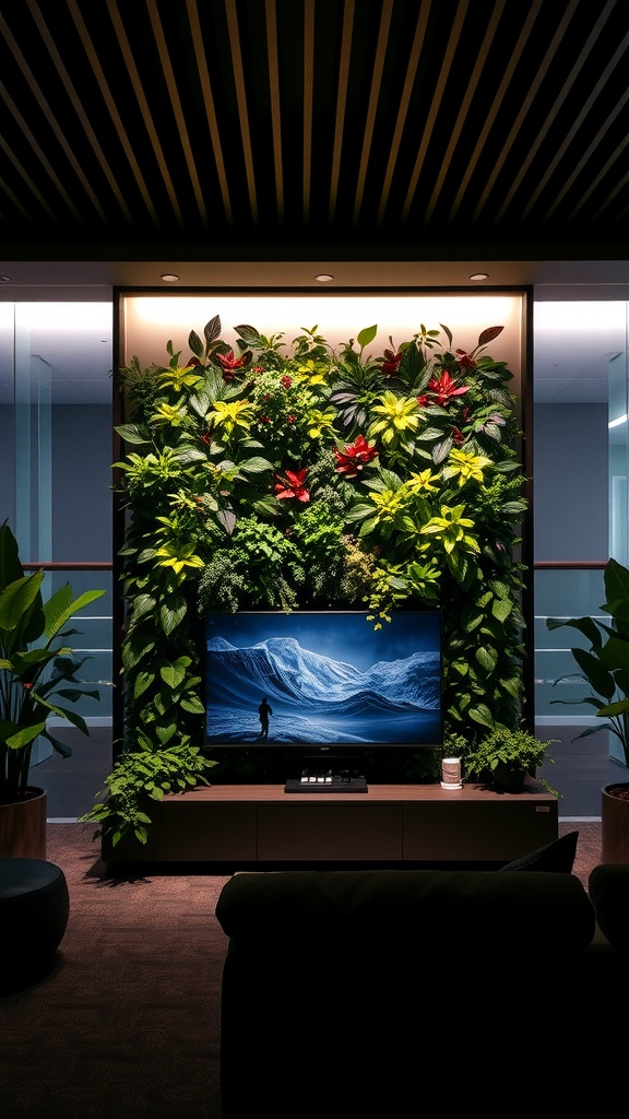 A modern luxury living room with a vertical garden backdrop surrounding a television, featuring lush green plants and pops of color.