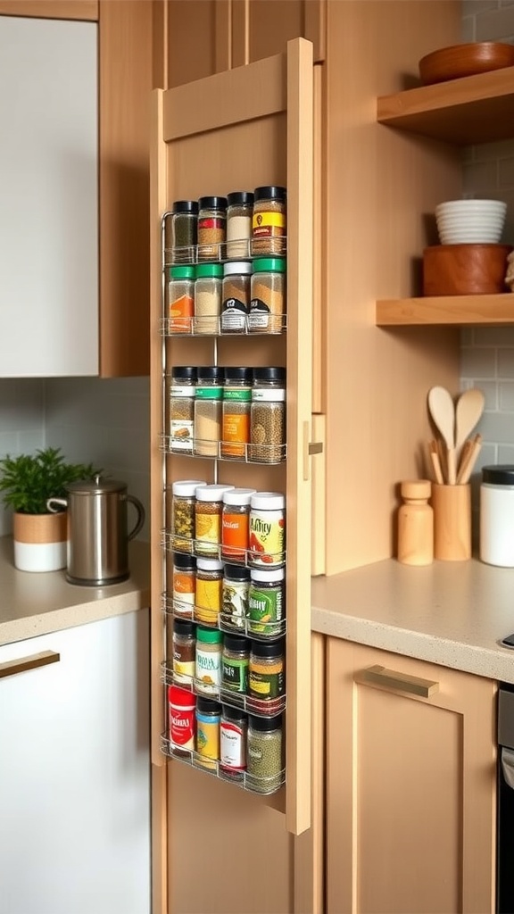 A vertical spice rack attached to the inside of a cabinet door, displaying various spice jars.