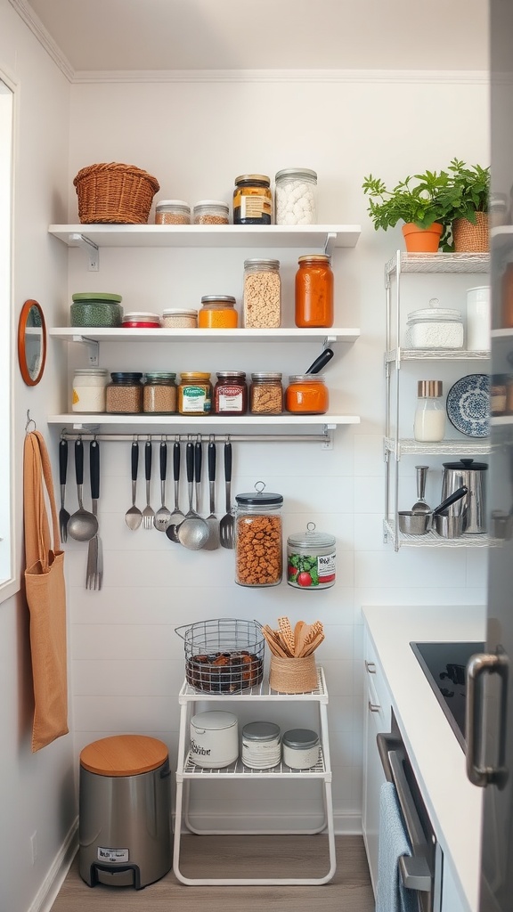 A small kitchen with vertical storage solutions, featuring shelves with jars, hanging utensils, and a mobile cart.