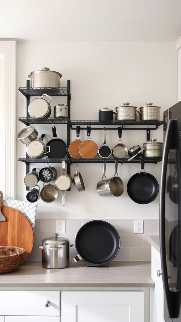 Wall-mounted storage shelf with pots and pans in a small kitchen.