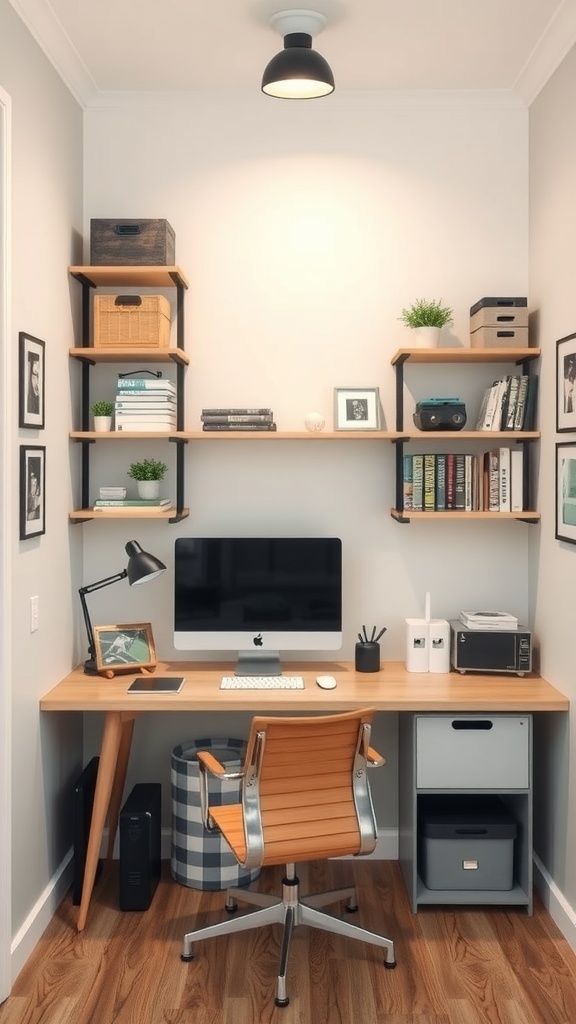 A small home office setup with vertical storage shelves, a wooden desk, and a computer.