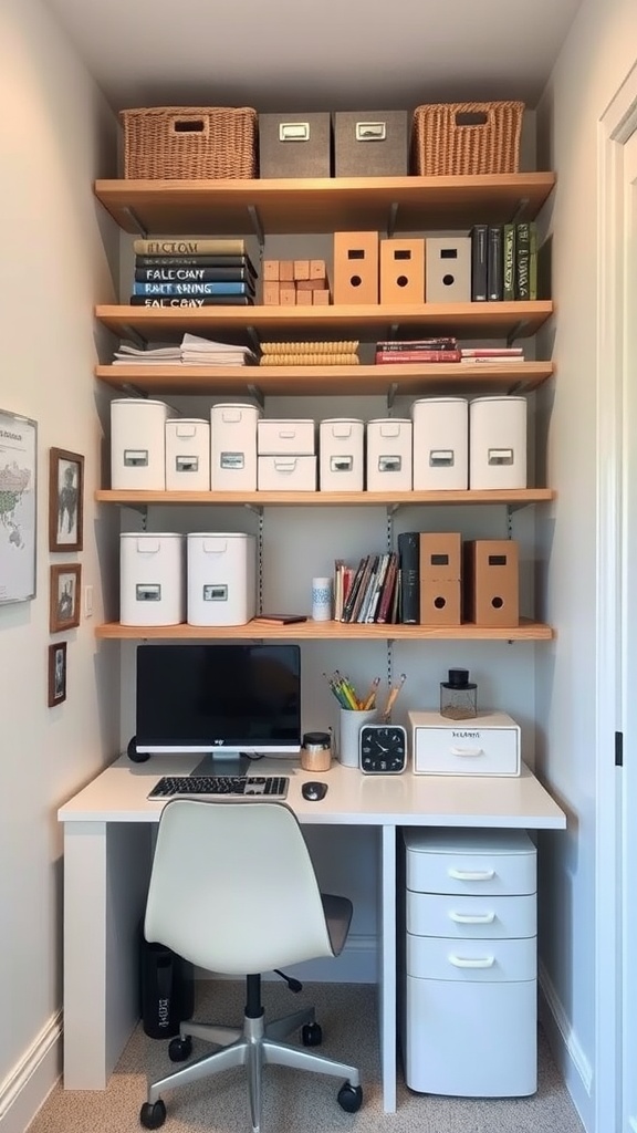 A small office setup featuring vertical storage with shelves filled with baskets and boxes, a desk with a computer and office supplies.