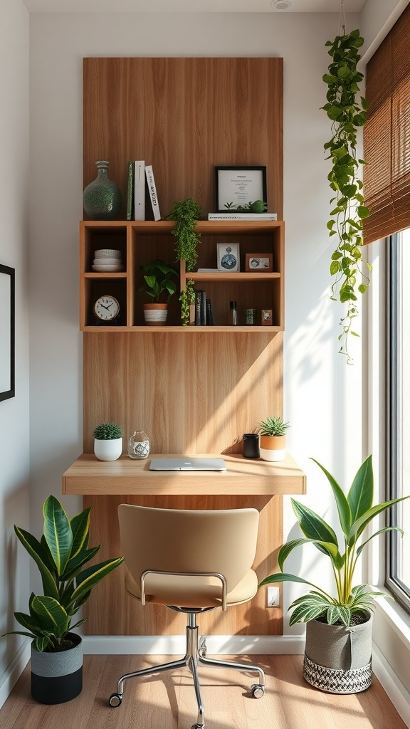 A vertical wall-mounted desk setup with a wood finish, featuring plants and shelves for organization.