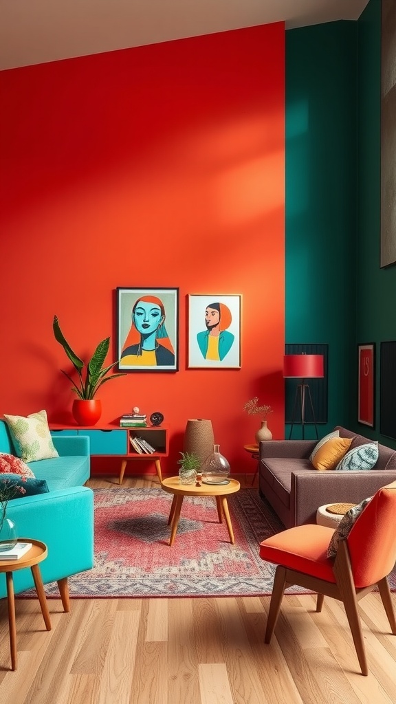 A vibrant living space featuring bold orange and teal walls, modern furniture in turquoise and earthy tones, and colorful artwork.