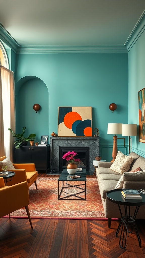 A living room featuring turquoise walls, mustard-yellow chairs, and geometric artwork.